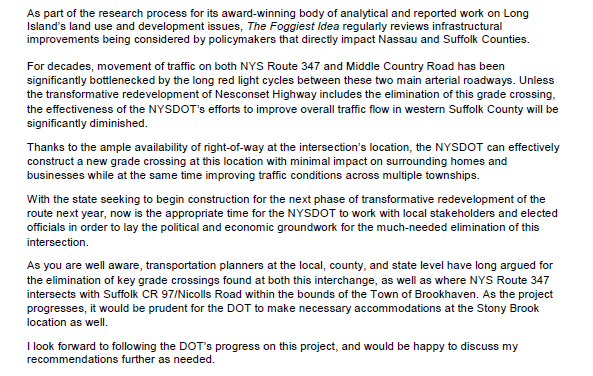 Public Comments: To Solve Traffic Woes, Eliminate Grade Crossing at NYS Route 347 and Middle Country Road