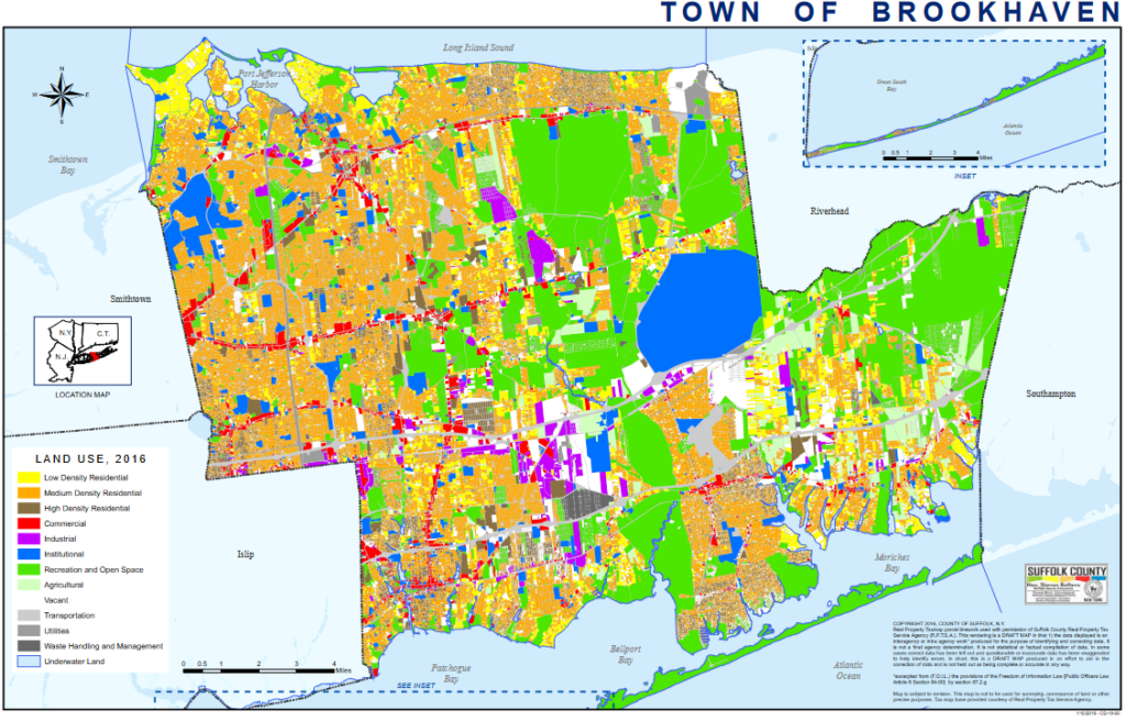 A screengrab of a land use map highlighting the Town of Brookhaven's zoning