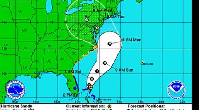 A graphic map highlighting Hurricane Sandy's expected path in October 2012