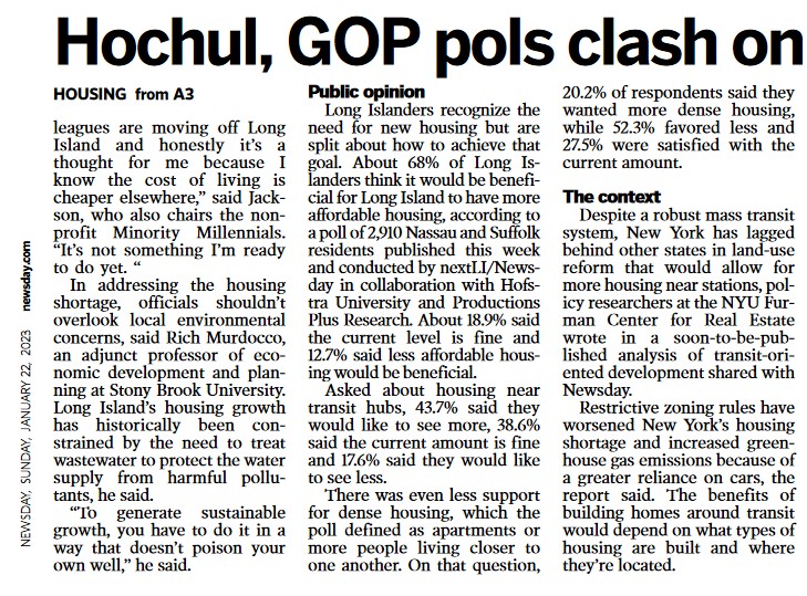 Quoted in Newsday: Hochul Plan for Denser Housing Near LIRR Stations Angers LI Republican Pols