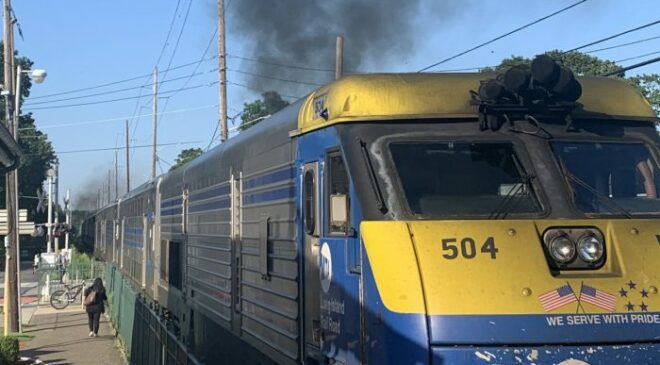 A dirty diesel locomotive on the Port Jefferson Branch of the Long Island Rail Road