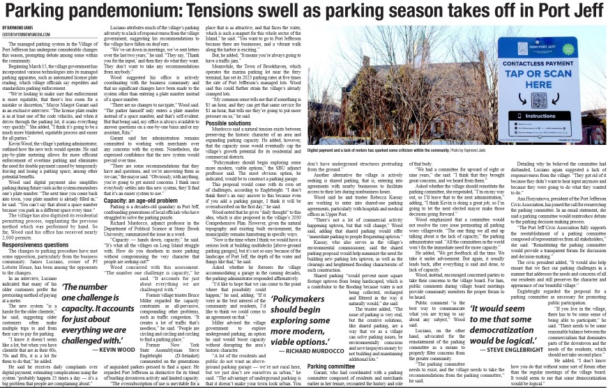 Quoted in TBR News Media: Parking pandemonium: Tensions swell as parking season takes off in Port Jeff