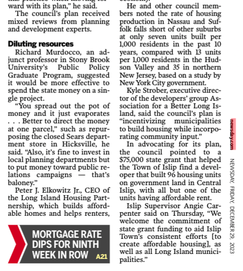 Quoted in Newsday: Long Island housing plan snags $10 million in statewide competition