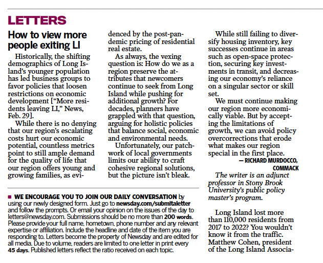 A letter to the editor from Adjunct Professor Richard Murdocco on Long Island's growth and development.