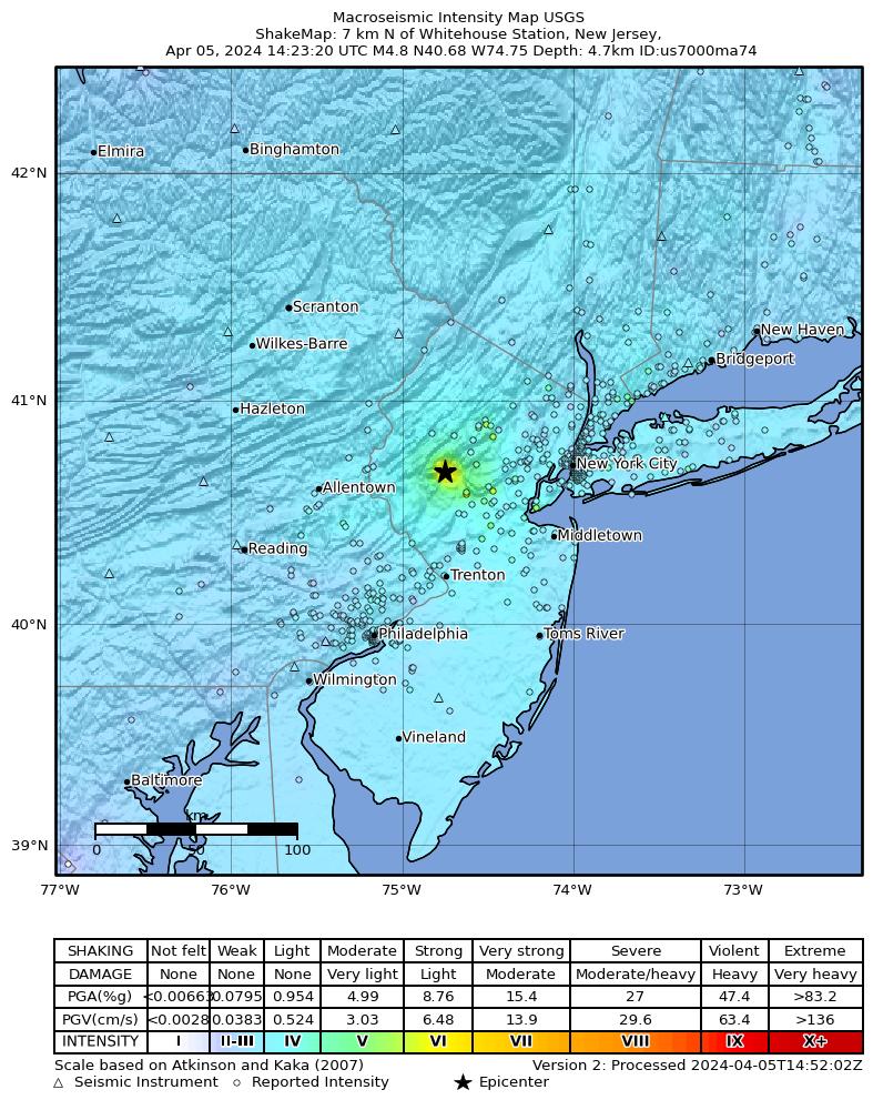 A USGS Map of the severity of the 2024 Lebanon, NJ earthquake.