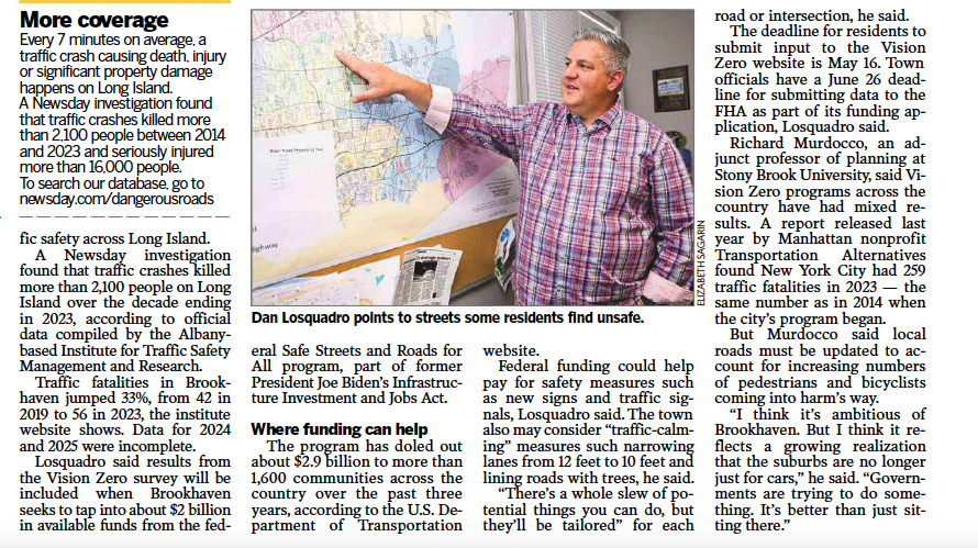 A Newsday clip highlighting Richard Murdocco's perspective on the Town of Brookhaven's Vision Zero plan