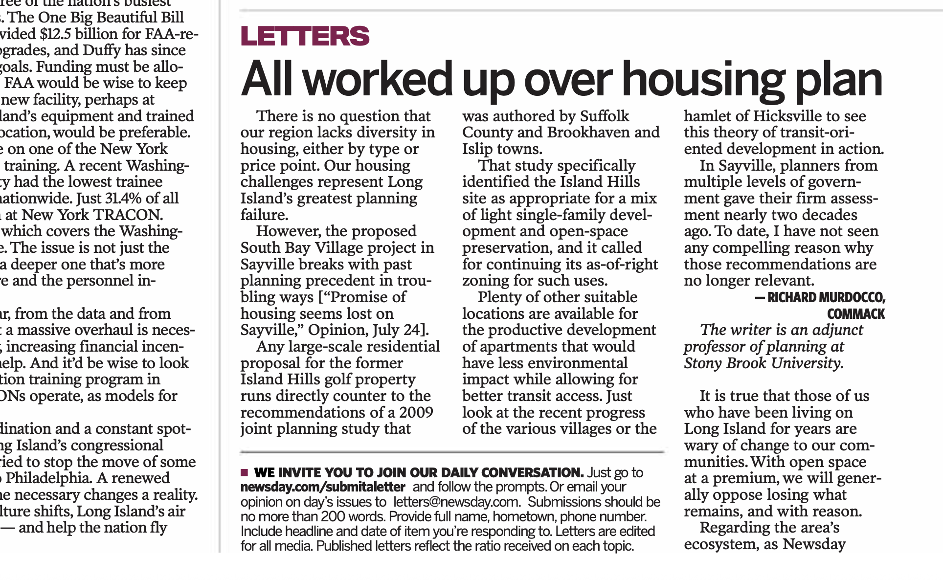 A letter to the editor in Newsday from Adjunct Professor Richard Murdocco
