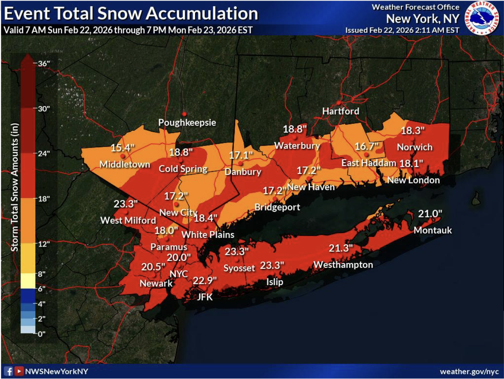 A map showing predicted snowfall totals for the 2026 blizzard