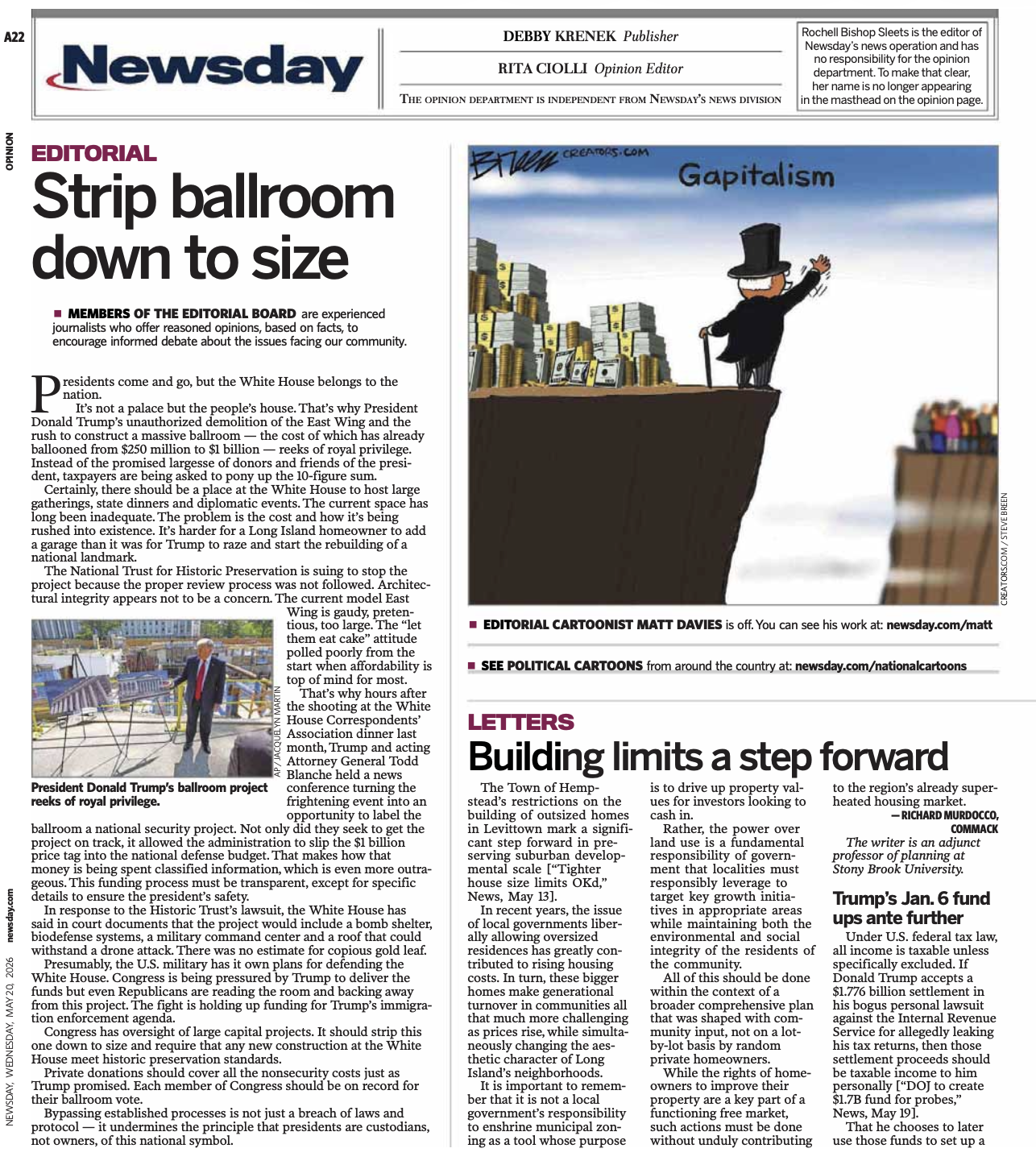 A Letter to the Editor published in Newsday from Stony Brook University Adjunct Professor Richard Murdocco