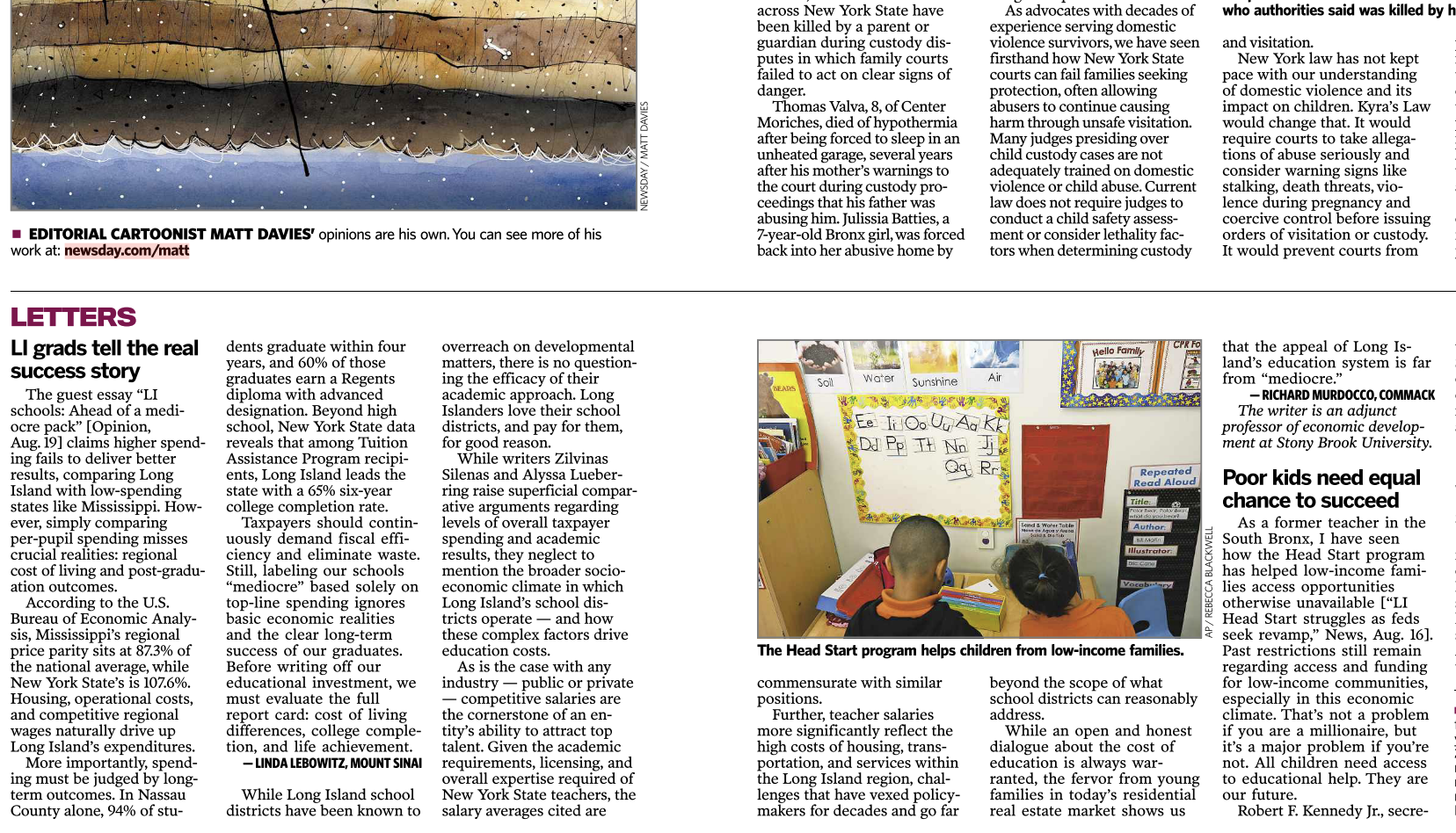 An image showing a letter to the editor in Newsday from Adjunct Professor Richard Murdocco on teacher salaries on Long Island, New York.